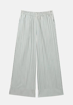 Striped wide-leg pants with a stretchy elastic waistband. Light fabric in white and soft blue tones with vertical stripes and a loose fit.