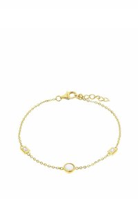 Elegant guld kedjearmband med en rund vit sten i mitten och två små fyrkantiga klara kristaller på vardera sidan, justerbart lås.