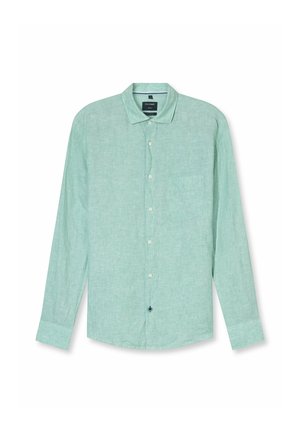 Camicia verde chiaro a maniche lunghe realizzata in tessuto texture, con colletto a punta, taschino frontale e cinque bottoni coordinati.