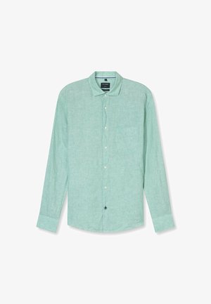 Camicia verde chiaro a maniche lunghe realizzata in tessuto texture, con colletto a punta, taschino frontale e cinque bottoni coordinati.