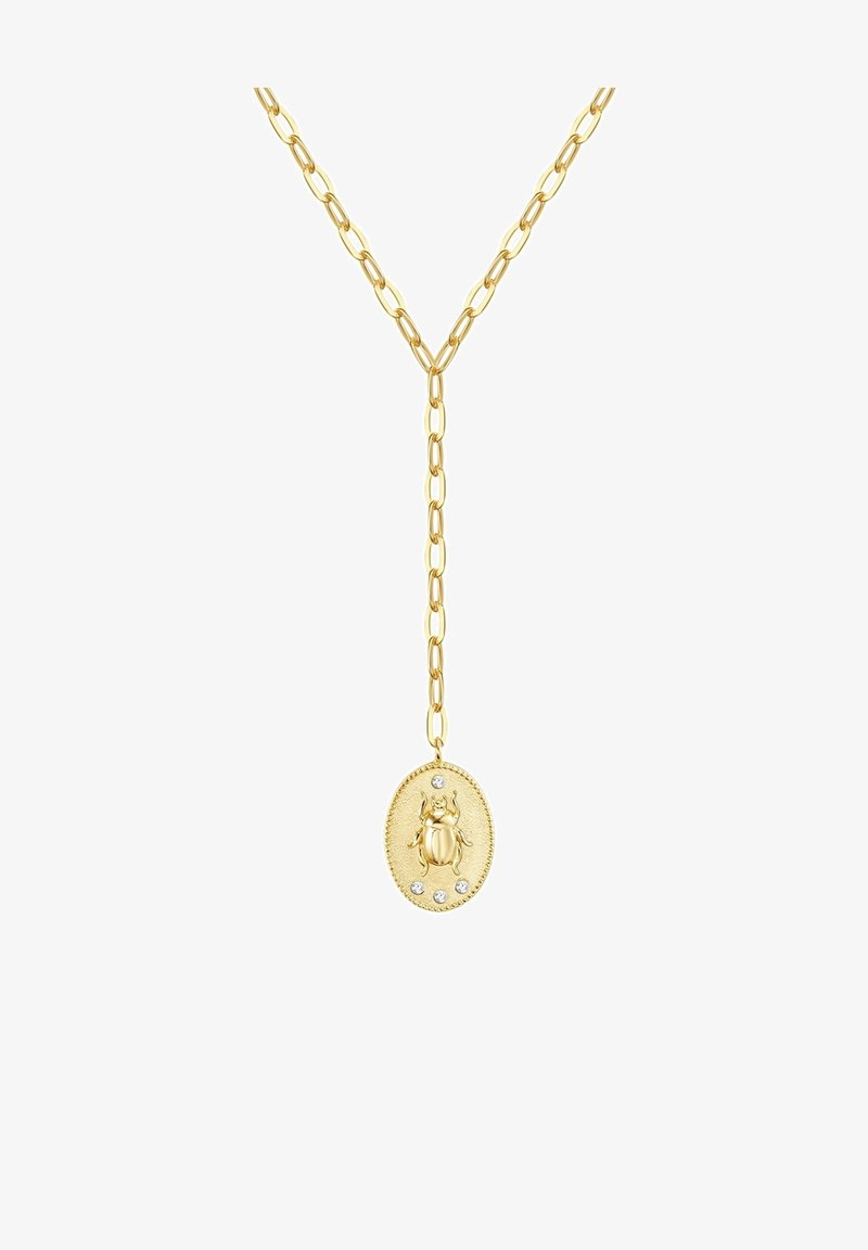 Kuldne kaelakee tekstureeritud ahelaga, millel on ovaalne ripats, millel on mulje koidikust ja mis on kaunistatud selgete vääriskividega.