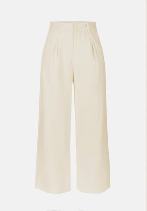 Pantaloni a gamba larga crema con pieghe, vita sagomata e tessuto liscio. Senza tasche, tessuto leggero e taglio a lunghezza intera.