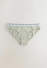 Svjetlozelene ženske gaćice u stilu bikinija s bijelim elastičnim pojasom na kojem se ponavlja crni tekst "NEXT".