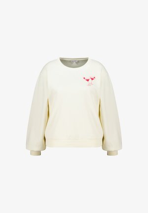 Crèmekleurige sweater met lange mouwen, ronde hals en een klein rood beeld van twee cocktailglazen op de linkerborst.