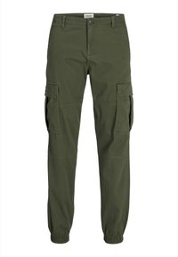 Pantaloni cargo in cotone verde scuro, con tasche laterali, polsini elasticizzati e vita media. Tessuto liscio con cuciture resistenti.