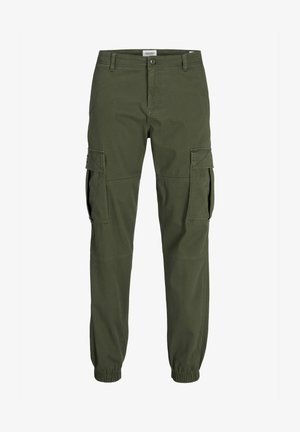 Pantaloni cargo in cotone verde scuro, con tasche laterali, polsini elasticizzati e vita media. Tessuto liscio con cuciture resistenti.