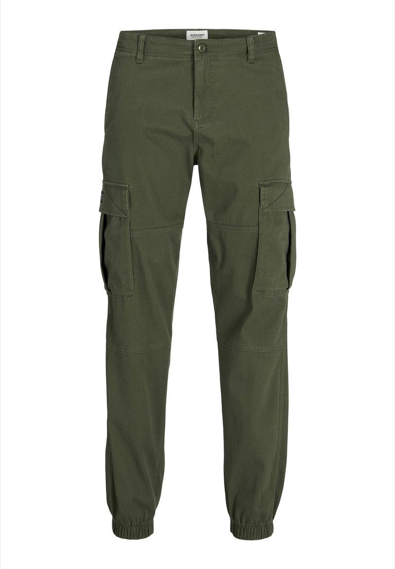 Pantaloni cargo in cotone verde scuro, con tasche laterali, polsini elasticizzati e vita media. Tessuto liscio con cuciture resistenti.