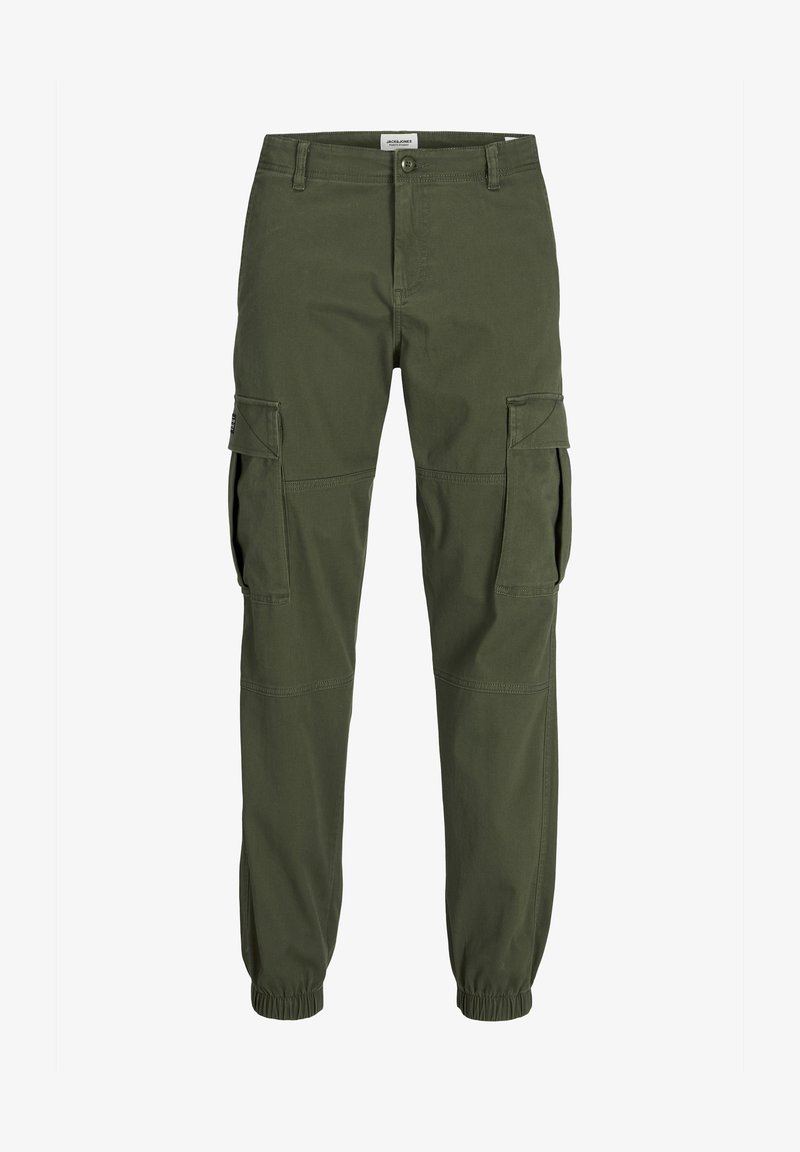 Pantaloni cargo in cotone verde scuro, con tasche laterali, polsini elasticizzati e vita media. Tessuto liscio con cuciture resistenti.
