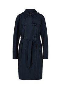 Granatowy płaszcz trench w lekkim materiale, z podwójnym zapięciem, dużymi guzikami, paskiem i klasycznym kołnierzem.
