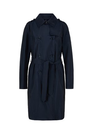 Navyblauw trenchcoat van lichtgewicht stof, met een dubbelknopssluiting, grote knopen, een riem en een klassieke kraag.