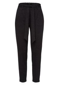 Pantalon noir léger avec ceinture nouée, coupe fuselée, poches avant plates et finition en tissu texturé.