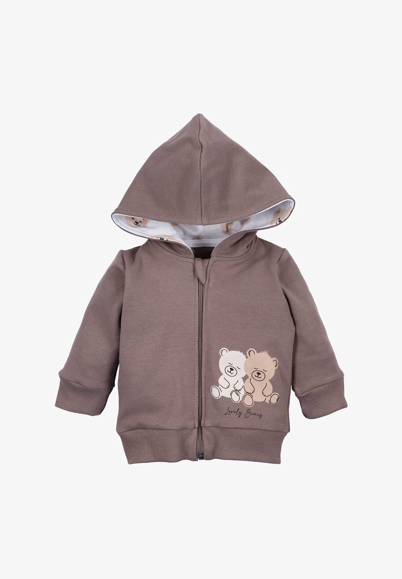 Felpa con zip marrone, con cappuccio foderato e stampa di un orso. Realizzata in tessuto morbido, presenta polsini a costine e un testo decorativo 'Lovely Bears'.