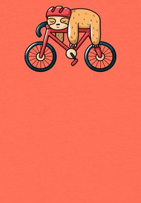 Cartoon-Faulstier mit einem beigen Körper, der einen roten Helm trägt, faul über ein rotes Fahrrad mit schwarzen Rädern und Akzenten drapiert, auf einem korallenfarbenen Hintergrund.