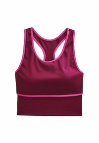 Maroon urheil bra, jossa on vaaleanpunaiset reunat. Ominaisuuksiin kuuluu urheilullinen selkädesign ja saumatön rakenne. Sopii urheiluvaatteiksi ja aktiiviseen elämäntapaan.