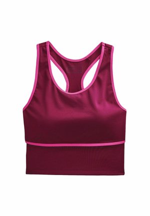 Bordo sportski grudnjak s ružičastim detaljima. Ima dizajn s racerback i bešavnu teksturu. Pogodan za sportske aktivnosti i aktivan način života.