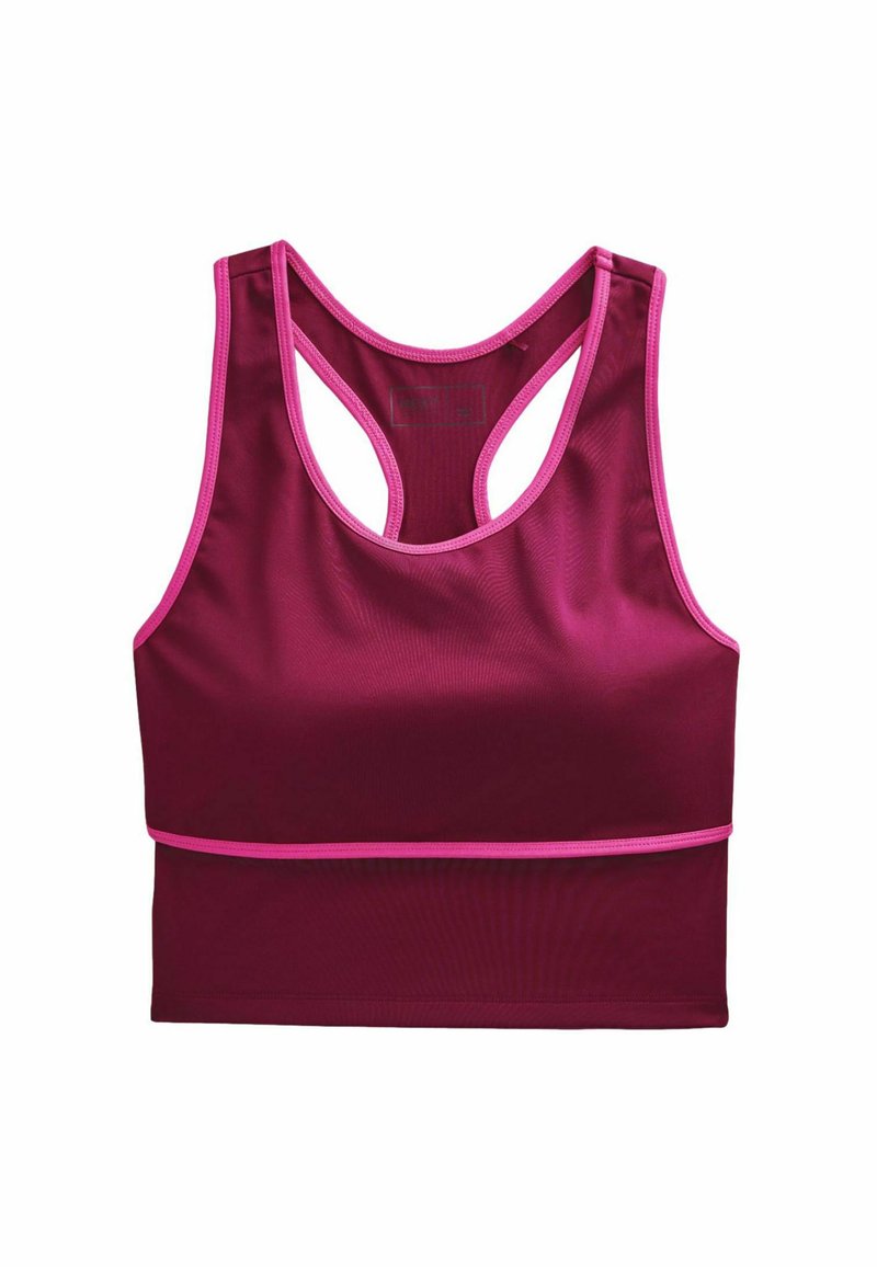 Maroon urheil bra, jossa on vaaleanpunaiset reunat. Ominaisuuksiin kuuluu urheilullinen selkädesign ja saumatön rakenne. Sopii urheiluvaatteiksi ja aktiiviseen elämäntapaan.