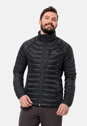 Black puffer jacket with a zip closure, featuring a high collar and horizontal stitching. It has a zipped chest pocket and a smooth texture.