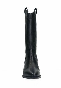 Bottes de cowboy en cuir noir avec un bout pointu, un long tige et des pattes de traction doubles. Présente une surface texturée et des détails cousus le long des côtés.