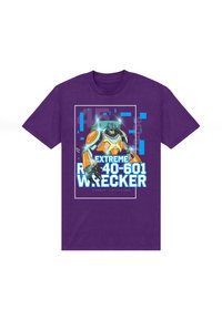 Fialové bavlněné tričko s grafikou robota s oranžovými a tyrkysovými akcenty, textem "EXTREME R40-601 WRECKER" v bílé barvě.