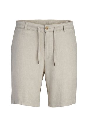 Beżowe szorty w jodełkę wykonane z teksturowanej tkaniny, wyposażone w elastyczną talię, sznurek do regulacji i zapięcie na guziki z przodu.