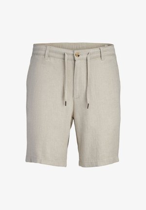 Beige short met visgraatmotief van gestructureerde stof, voorzien van een elastische tailleband, trekkoord en knoopsluiting aan de voorkant.