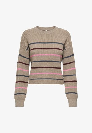 Smeđi pleteni džemper s dugim rukavima, okruglim izrezom i širokim horizontalnim prugama u ružičastoj, bordo i mornarsko plavoj boji. Krojen do struka.