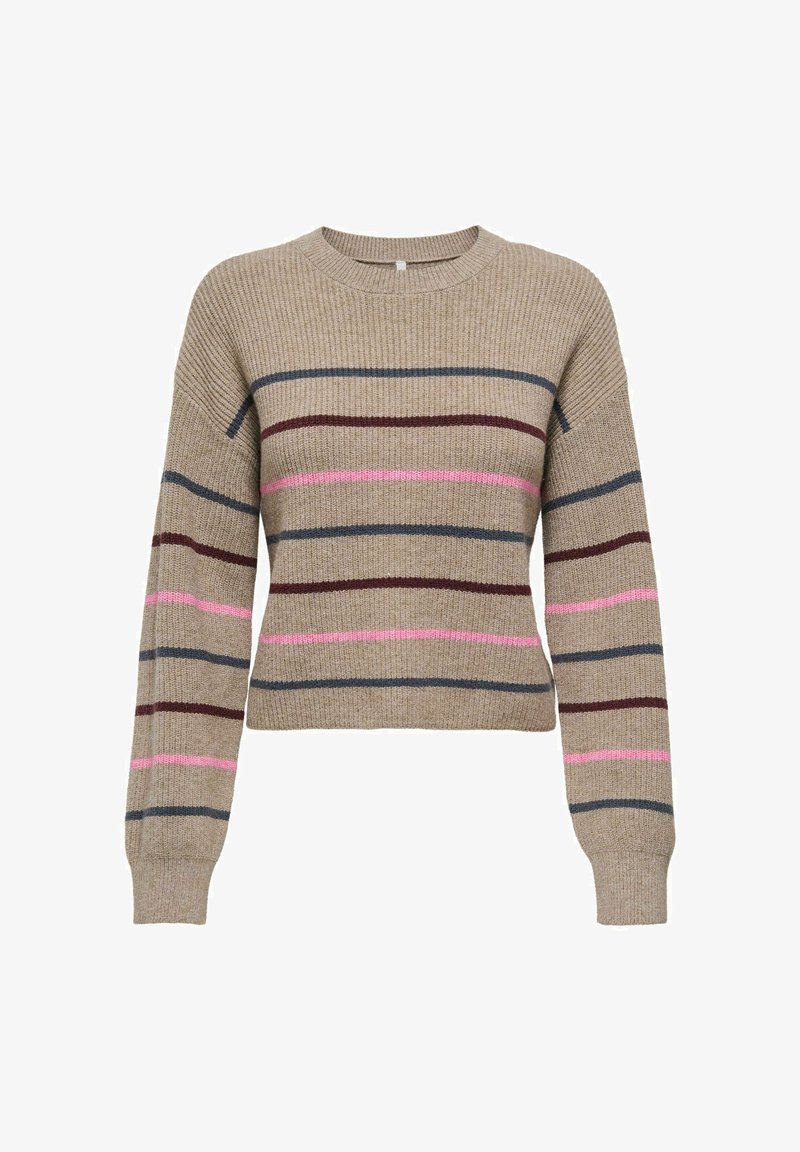 Hnědý pletený svetr s dlouhými rukávy, kulatým výstřihem a širokými horizontálními pruhy v růžové, bordó a námořnické modři. Krátký střih.