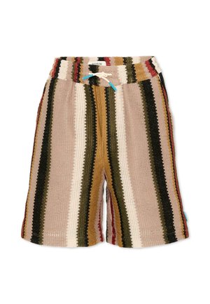 Dziane szorty w pionowe paski w kolorach beżowym, brązowym, oliwkowym, kremowym i czerwonym, z talią ze sznurkiem zakończonym niebieskimi końcówkami.