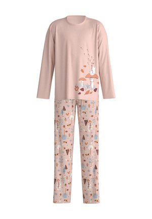 Helles rosa Baumwoll-Pyjama-Set mit einem langärmeligen Oberteil mit einem Waldmotiv und gemusterten Hosen mit Blättern und Pilzen.