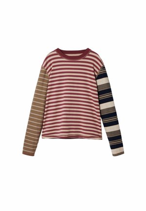 Long-sleeve striped top featuring alternating maroon, beige, and dark blue stripes with varying widths; round neckline, soft texture.
