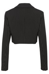 Blazer cropped nero con righe verticali bianche, rever a punta e maniche lunghe. Presenta dettagli con bottoni sui polsini delle maniche.