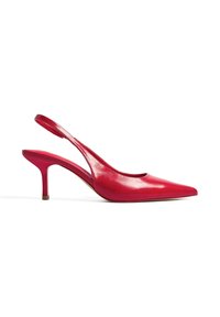 Talons aiguilles rouges en cuir avec un bout pointu et un talon fin. Texture lisse avec une découpe courbée sur les côtés.