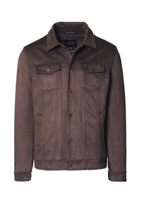 Brązowa skórzana kurtka z klasycznym kołnierzem, dwiema kieszeniami na piersi z flapami na guziki oraz bocznymi kieszeniami. Gładka tekstura z pionowymi przeszyciami.