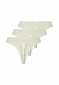 Pack of three cream-colored lace-trimmed thongs with a smooth texture. The waistband features a scalloped edge design.