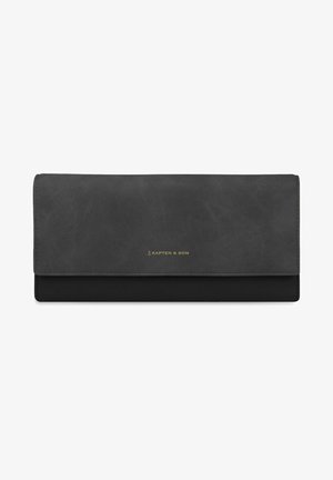 Czarny skórzany portfel o eleganckim designie, z zapięciem na klapkę, złotym logo oraz gładką fakturą. Kompaktowy i minimalistyczny styl.