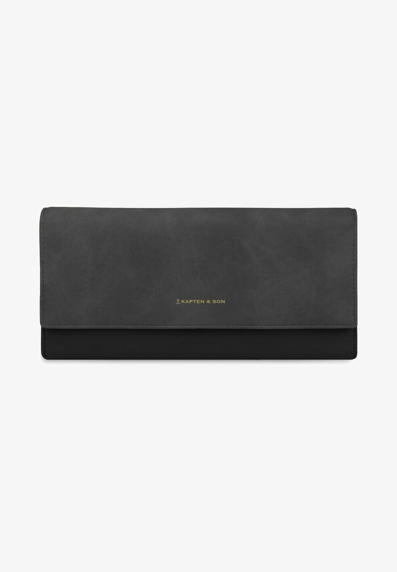 Portafoglio in pelle nera dal design elegante, con chiusura a pattina, dettaglio logo dorato e una superficie liscia. Stile compatto e minimalista.