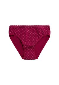 Bragas de algodón burdeos con lunares blancos y un ribete de encaje con forma de ondas en la cinturilla. Diseño de cobertura completa con textura suave.