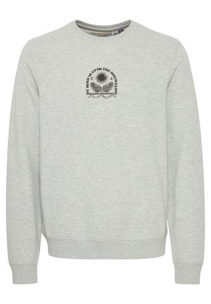 Gray sweatshirt made of cotton-blend fabric. Features round neckline and long sleeves with ribbed cuffs. Centered black graphic print detail.