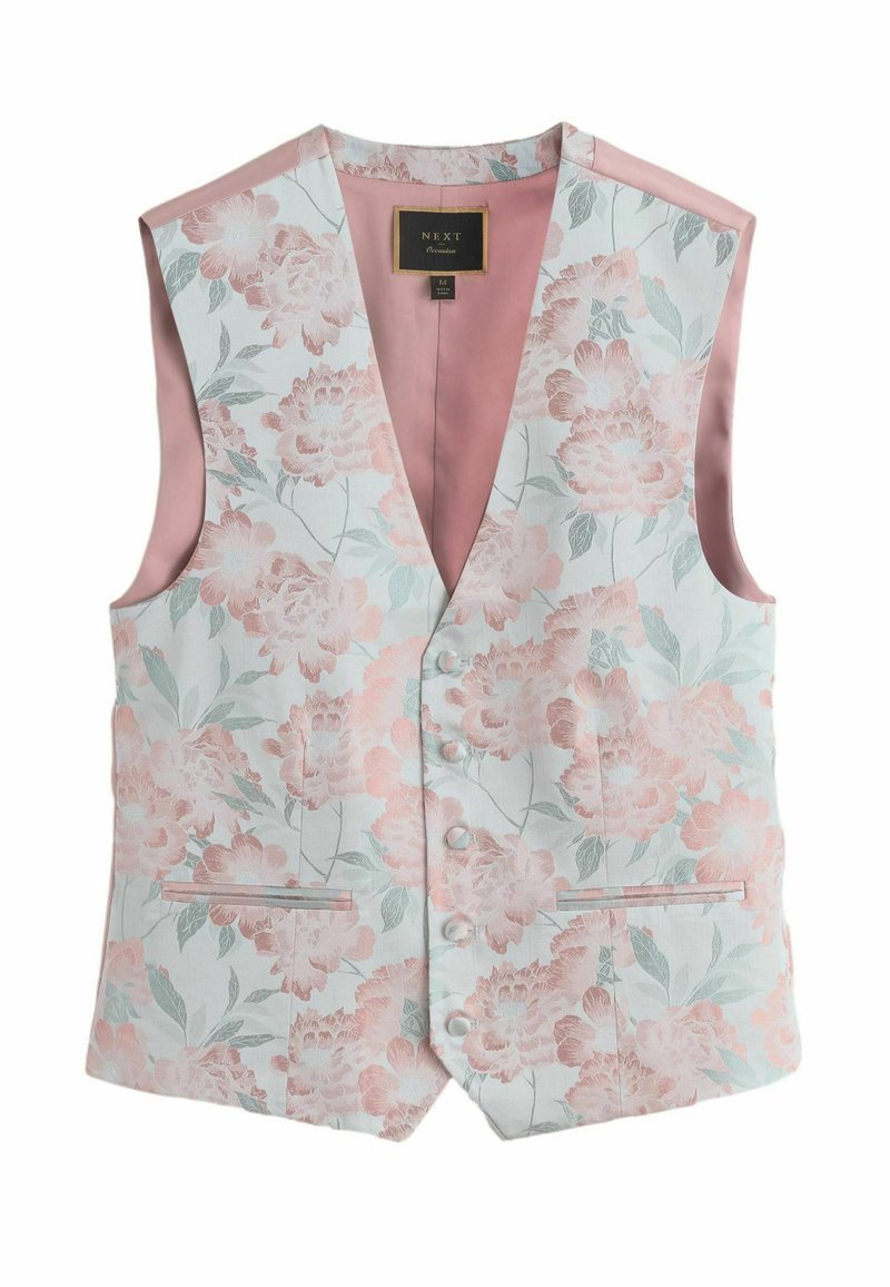 Gilet floreale bianco, con motivi di fiori rosa pastello e verdi, retro rosa uniforme, cinque bottoni e due tasche anteriori.