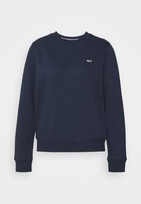 Sudadera marina hecha de material de mezcla de algodón, con mangas largas, cuello redondo y un pequeño logotipo en el pecho. Textura suave.