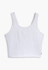 Crop top blanc en coton avec des bretelles larges, présentant une silhouette ajustée et des coutures apparentes. Aucun matériel ou motif visible.