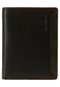 Donkerbruin leren portemonnee met een gestructureerd oppervlak, bi-fold ontwerp en een zijvak voor kaarten. Heeft blindgepreste branding aan de voorkant.