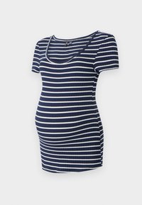 Μπλούζα εγκυμοσύνης ριγέ σε ναυτικό μπλε και λευκό, με κοντά μανίκια, στρογγυλή λαιμόκοψη, ριχτή υφή, εφαρμοστή με επιπλέον χώρο για την αναπτυσσόμενη κοιλιά.