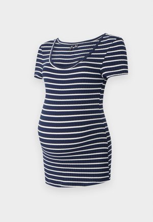 Těhotenský top s krátkým rukávem, námořnický pruhovaný design, kulatý výstřih, ribbované textura, přiléhavý střih s extra prostorem pro rostoucí bříško.