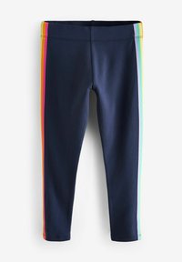Leggings blu navy con design aderente, caratterizzati da strisce multicolori (rosa, giallo, verde) lungo i lati. Tessuto liscio ed elasticizzato.