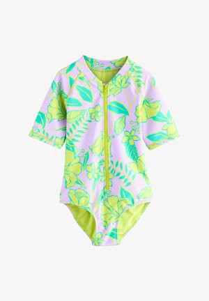 Costum de baie scurt pentru copii cu mâneci scurte și fermoar frontal, prezentând modele florale tropicale vesele în verde strălucitor și teal pe un fundal violet pastel.