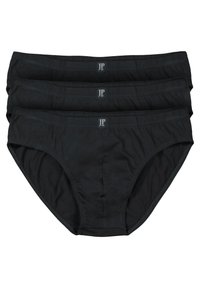 Mustat puuvillabokserit kolmen pakkauksessa. Ominaisuuksiin kuuluu elastinen vyötärönauha, jossa on alkuperäiset "JP"-kirjaimet, ja sileä pinta. Klassinen bokserileikkaus.