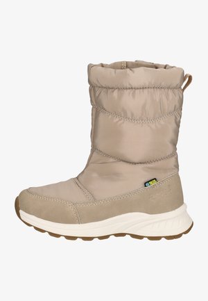 Beige waterdichte laarzen met een gevoerde nylon bovenkant, zacht suede accenten, ronde neus en een getextureerde rubberen zool voor grip.