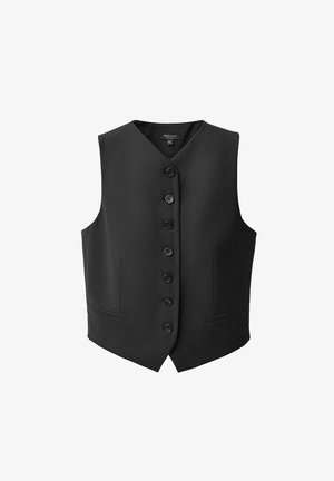 Schwarze Weste mit V-Ausschnitt, sechs vorderen Knöpfen und zwei seitlichen Taschen. Hergestellt aus glattem Stoff mit strukturiertem Schnitt.
