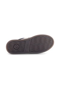 Semelle d'une chaussure en caoutchouc noir avec un motif de grip texturé, design circulaire près du talon et marquage "Gabor" avec la taille 42.
